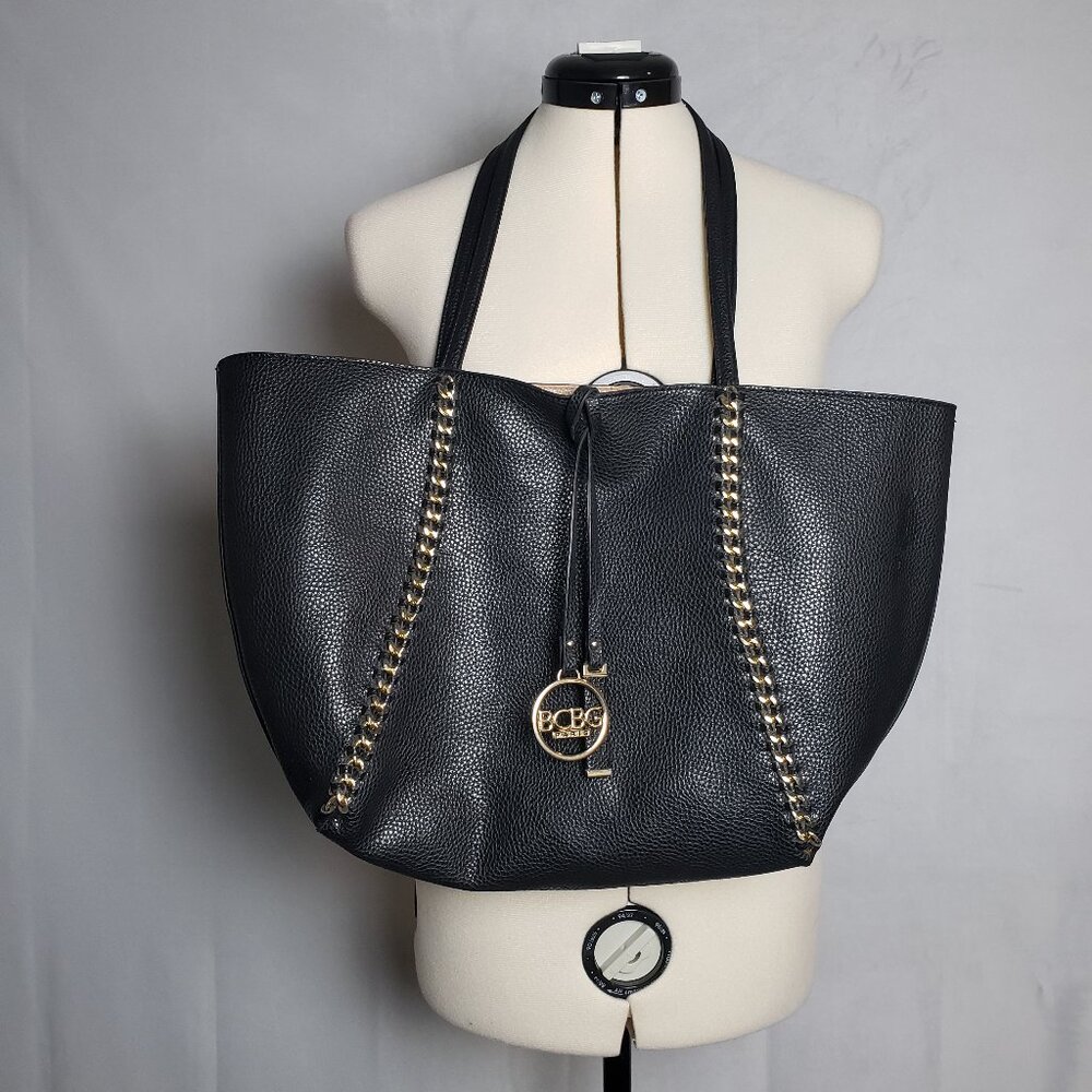 BCBG Large Reversible Tote Bag Pebbled Faux Leather Double Strap Black
